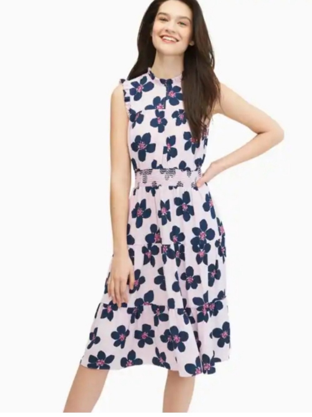Kate Spade Mainline Grand Floral Smocked Waist Midi Dress in Light Pink and Navy